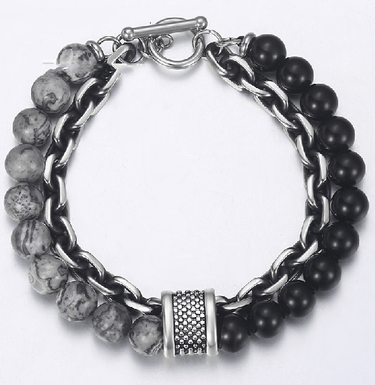 REDUCE STRESS~Map Jasper Stone & Stainless Steel '2 in 1' Layered Men's Bracelet